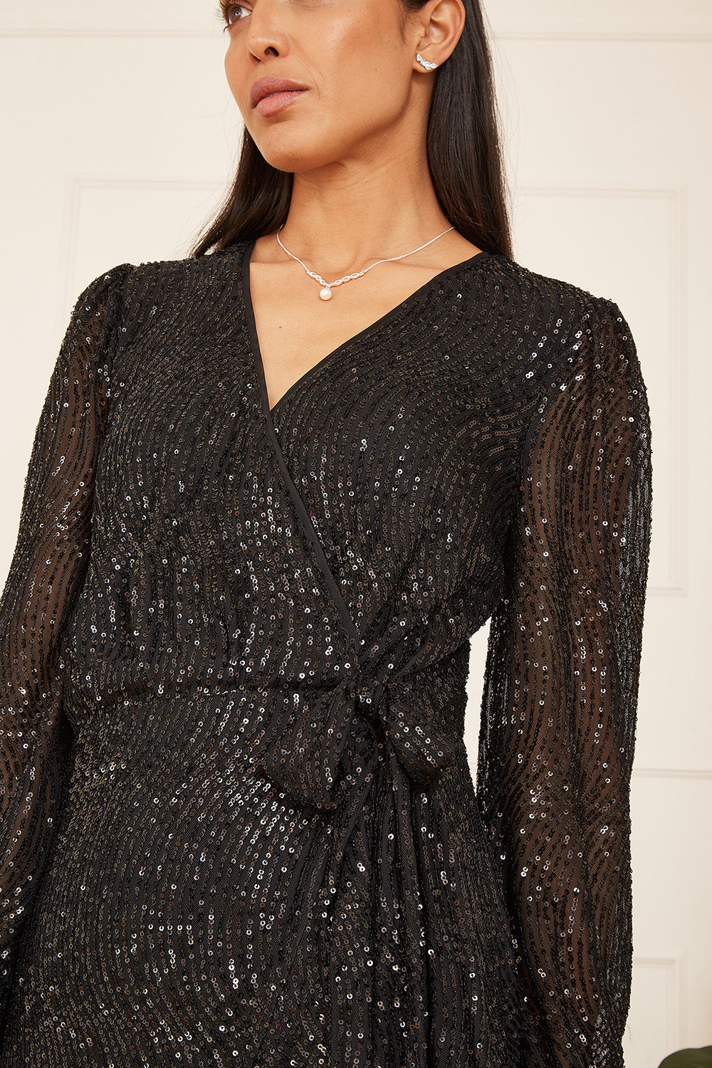 Mela Black Sequin Long Sleeve Frill Wrap Dress Mela