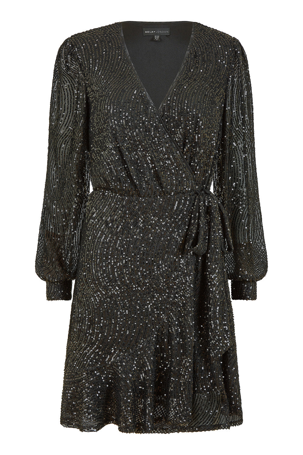 Mela Black Sequin Long Sleeve Frill Wrap Dress Mela