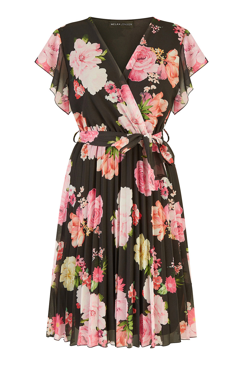 Mela Black Floral Print Pleated Wrap Skater Dress Mela