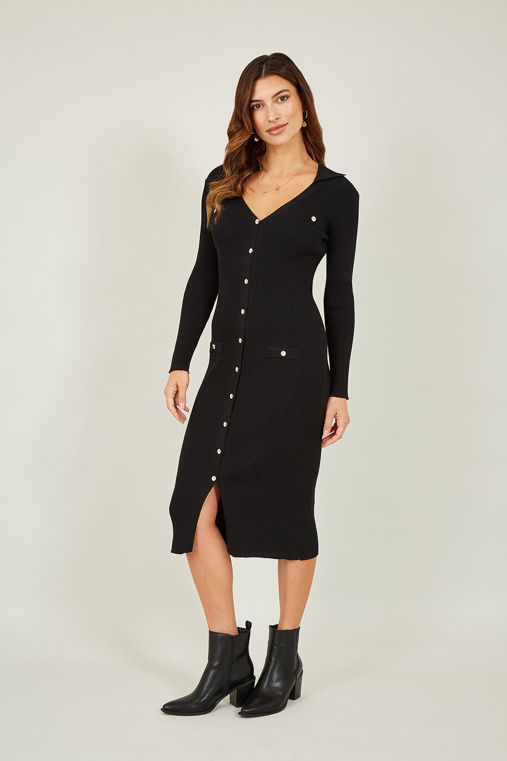 Mela Black Knitted Fitted Midi Dress With Buttons Mela