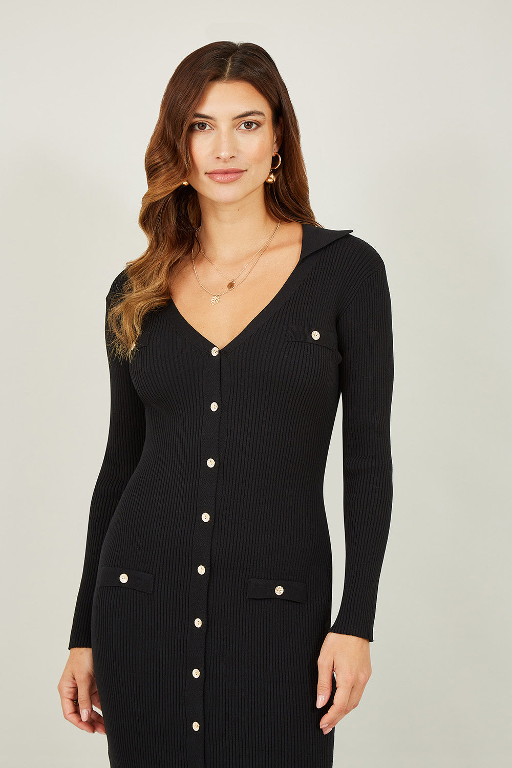 Mela Black Knitted Fitted Midi Dress With Buttons Mela