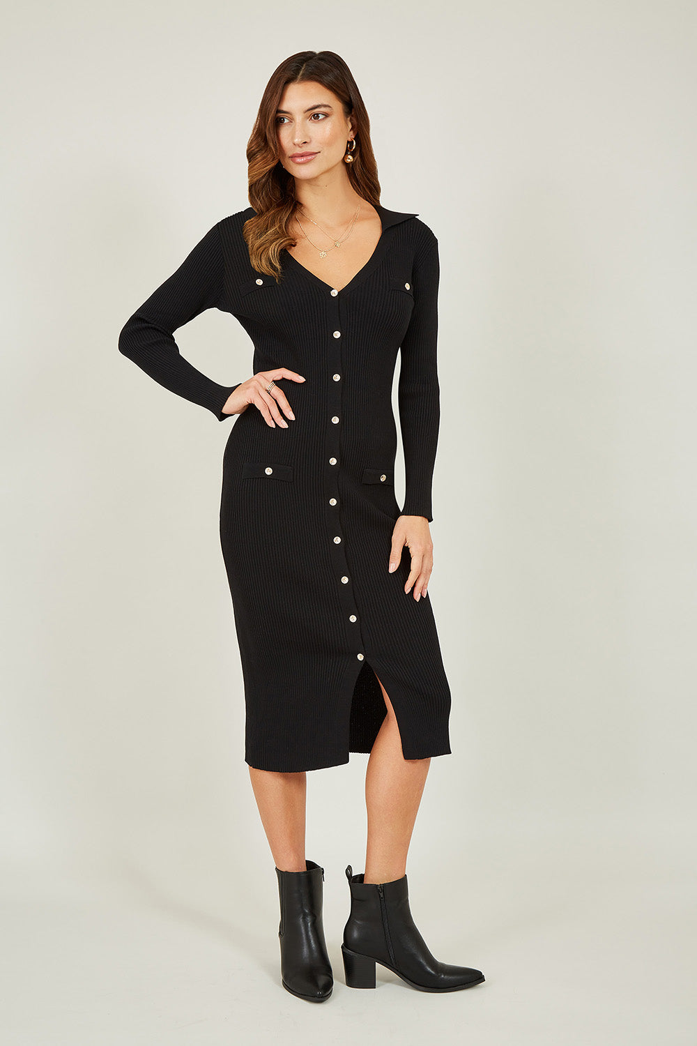 Mela Black Knitted Fitted Midi Dress With Buttons Mela