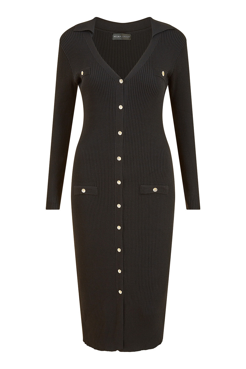 Mela Black Knitted Fitted Midi Dress With Buttons Mela