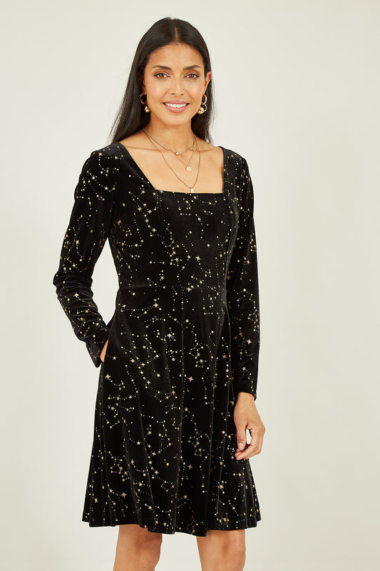 Mela Black Star Foil Print Long Sleeve Skater Dress Mela