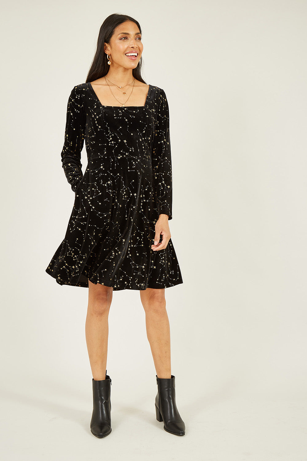 Mela Black Star Foil Print Long Sleeve Skater Dress Mela