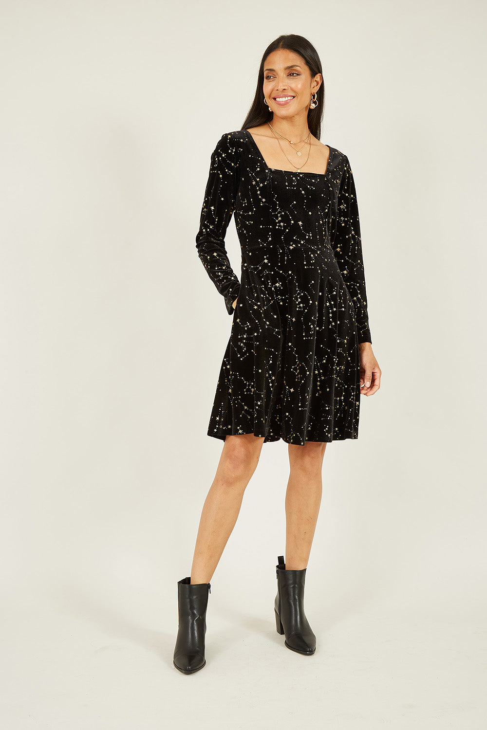 Mela Black Star Foil Print Long Sleeve Skater Dress Mela