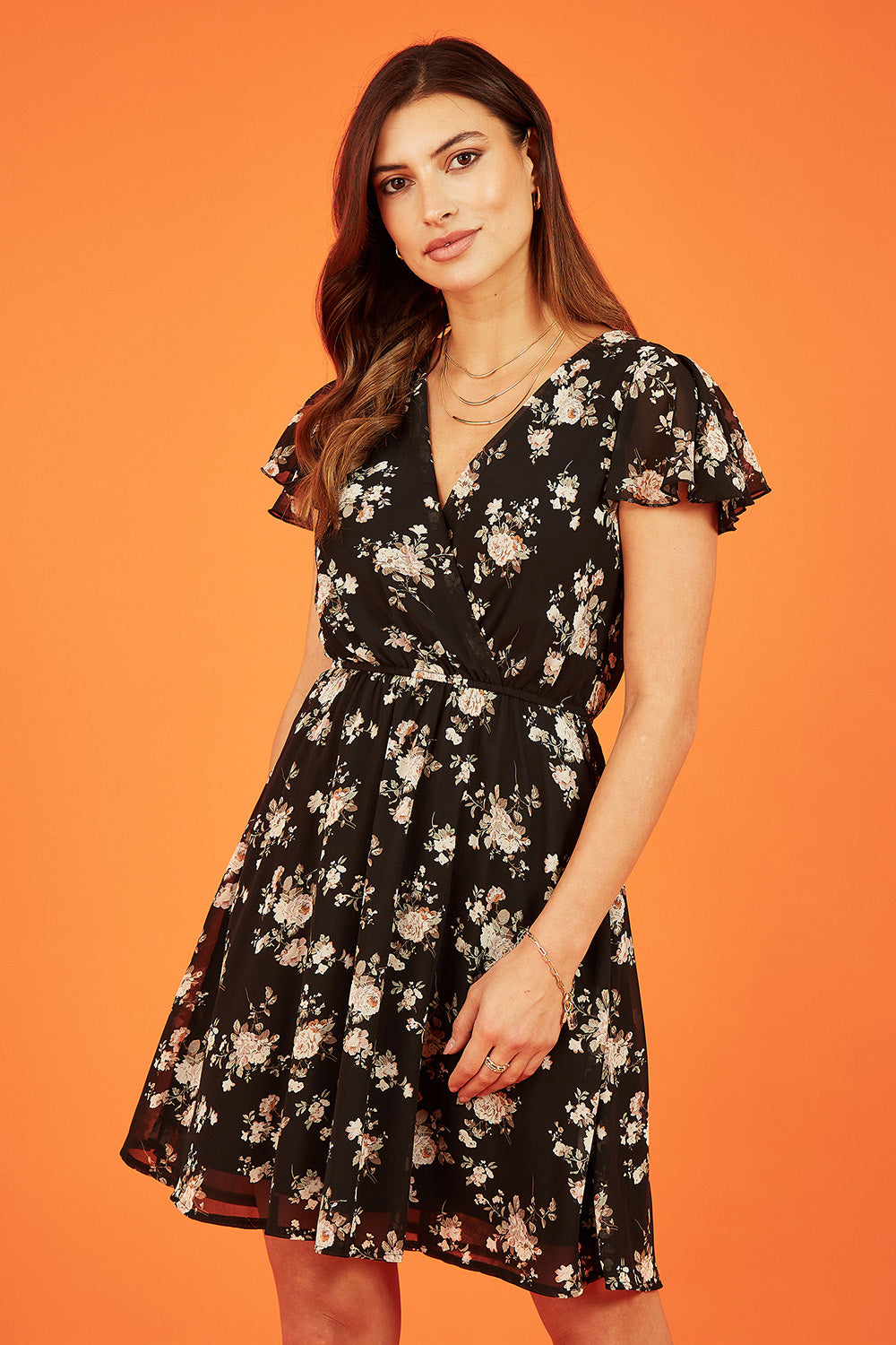 Mela Black Floral Print Wrap Over Skater Dress Mela