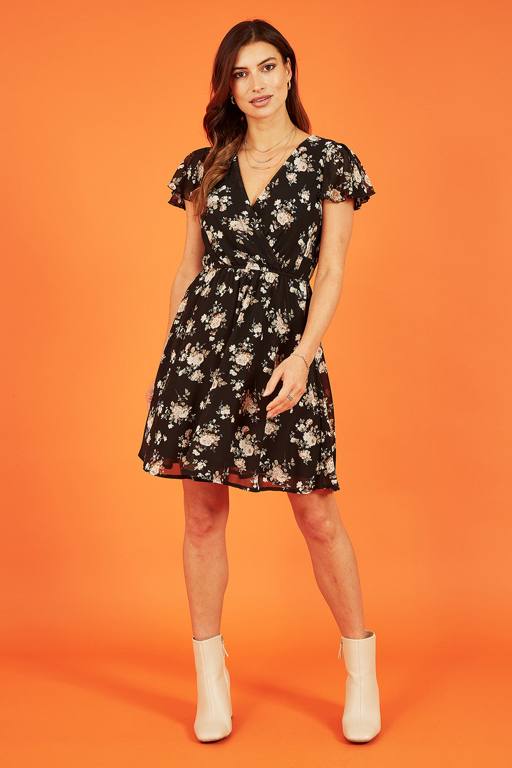 Mela Black Floral Print Wrap Over Skater Dress Mela