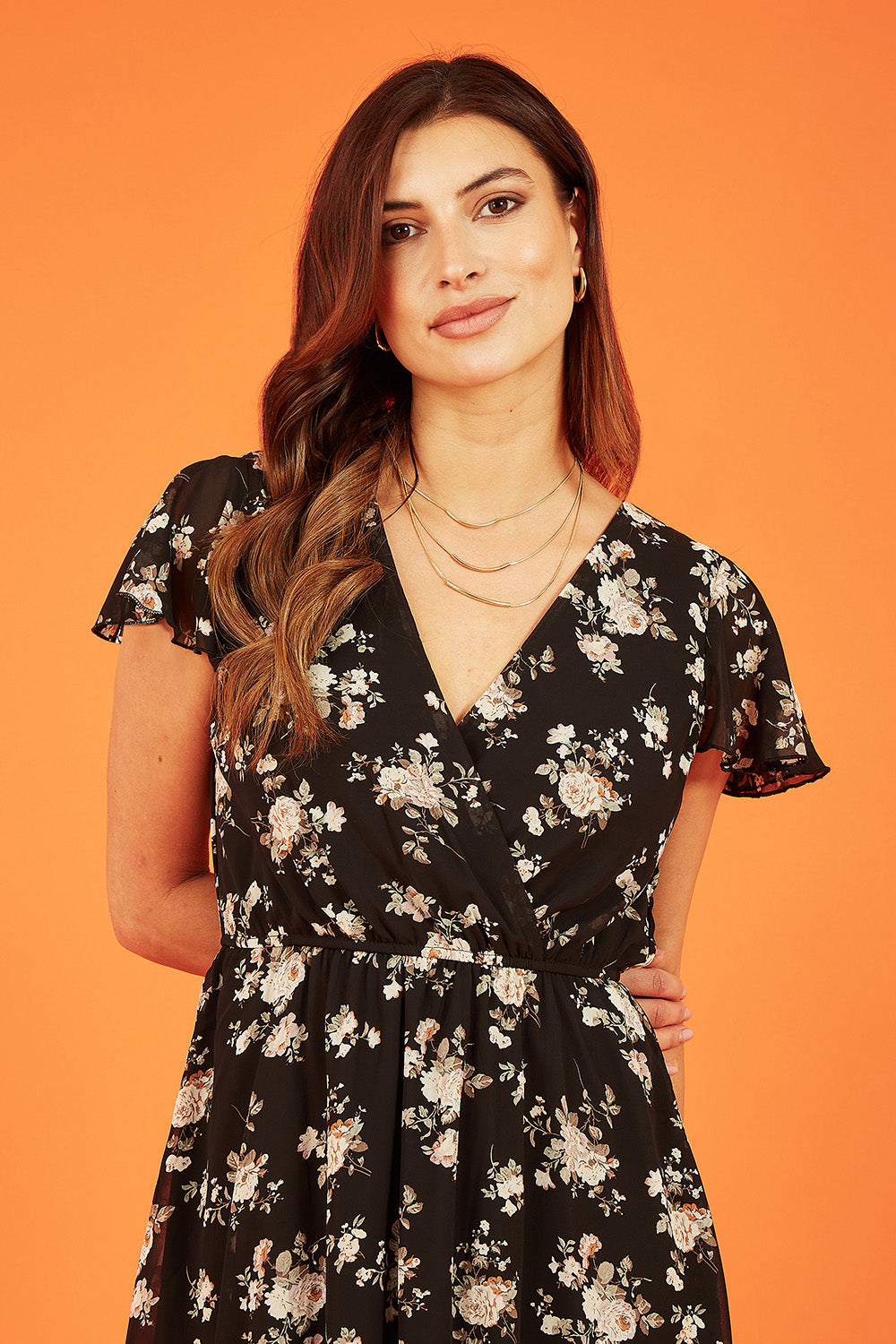 Mela Black Floral Print Wrap Over Skater Dress Mela