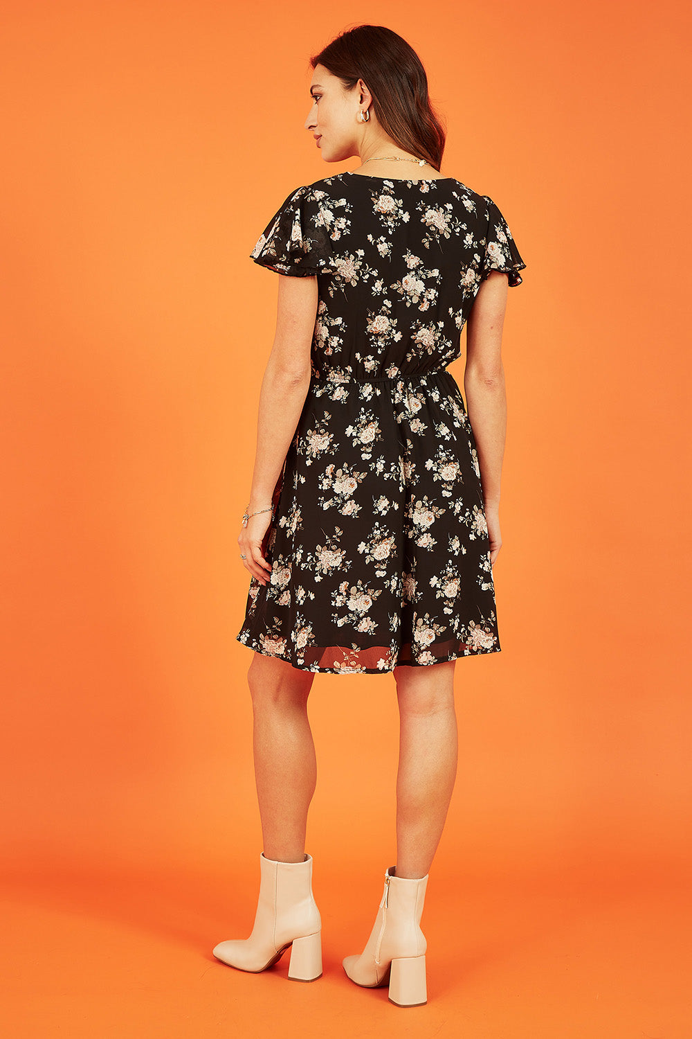 Mela Black Floral Print Wrap Over Skater Dress Mela