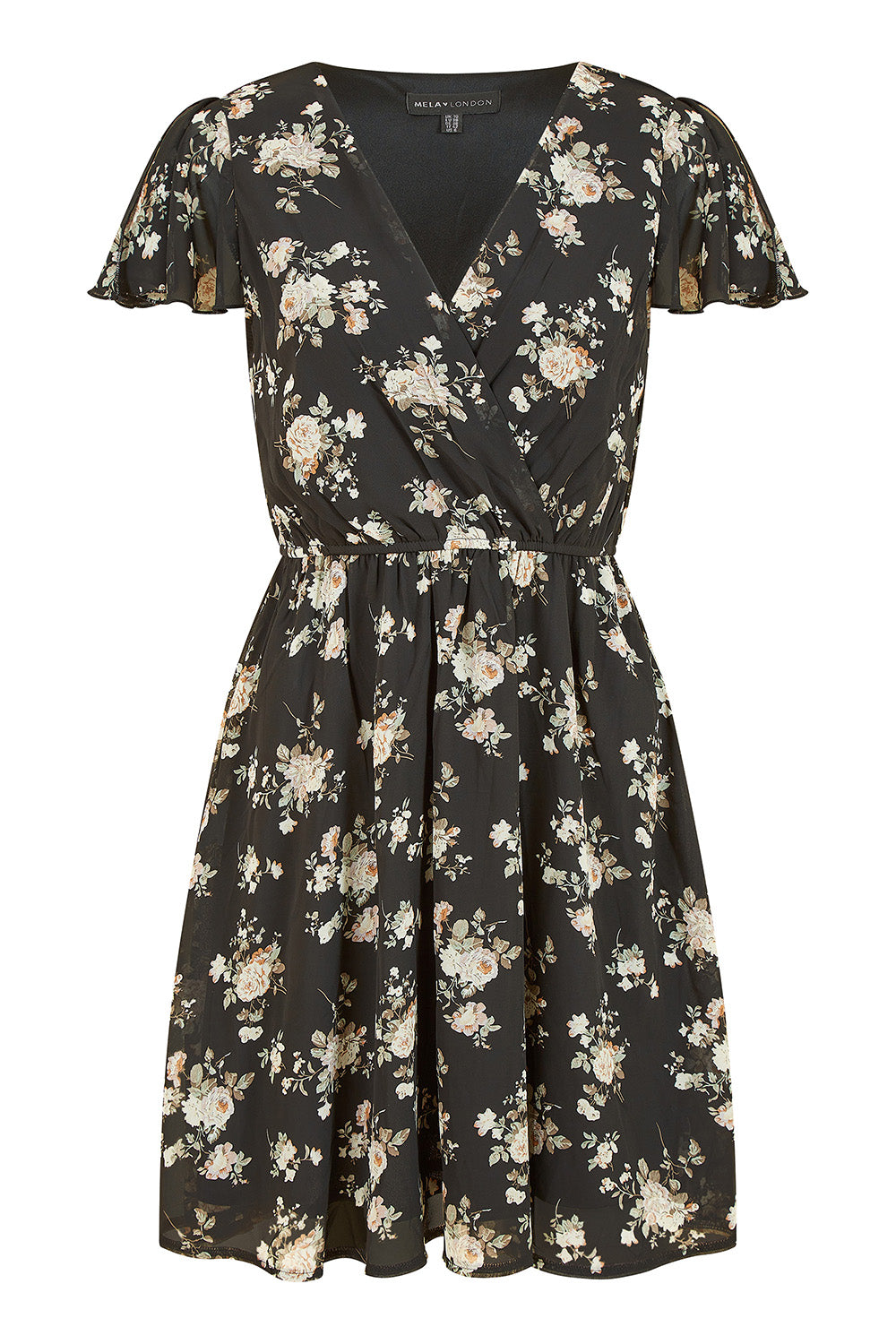 Mela Black Floral Print Wrap Over Skater Dress Mela