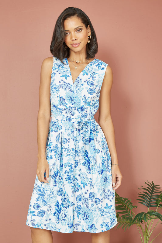 Yumi Blue Floral Wrap Over Skater Dress DRES Day Yumi