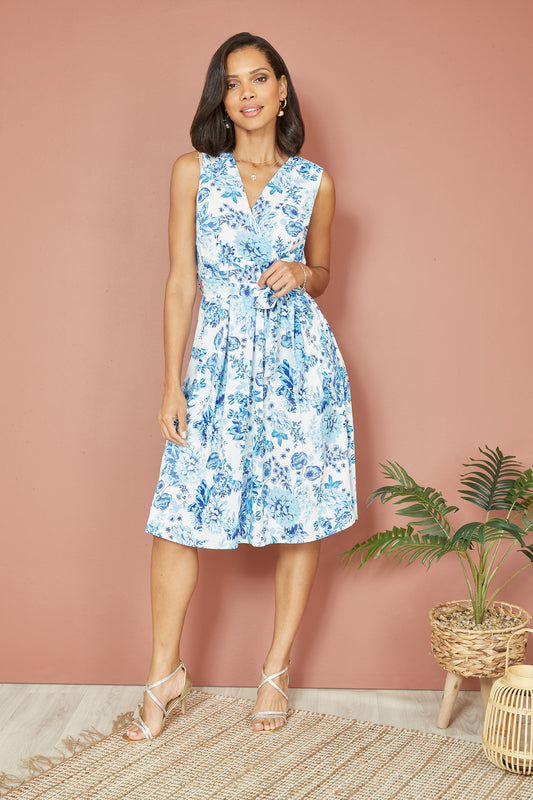 Yumi Blue Floral Wrap Over Skater Dress DRES Day Yumi