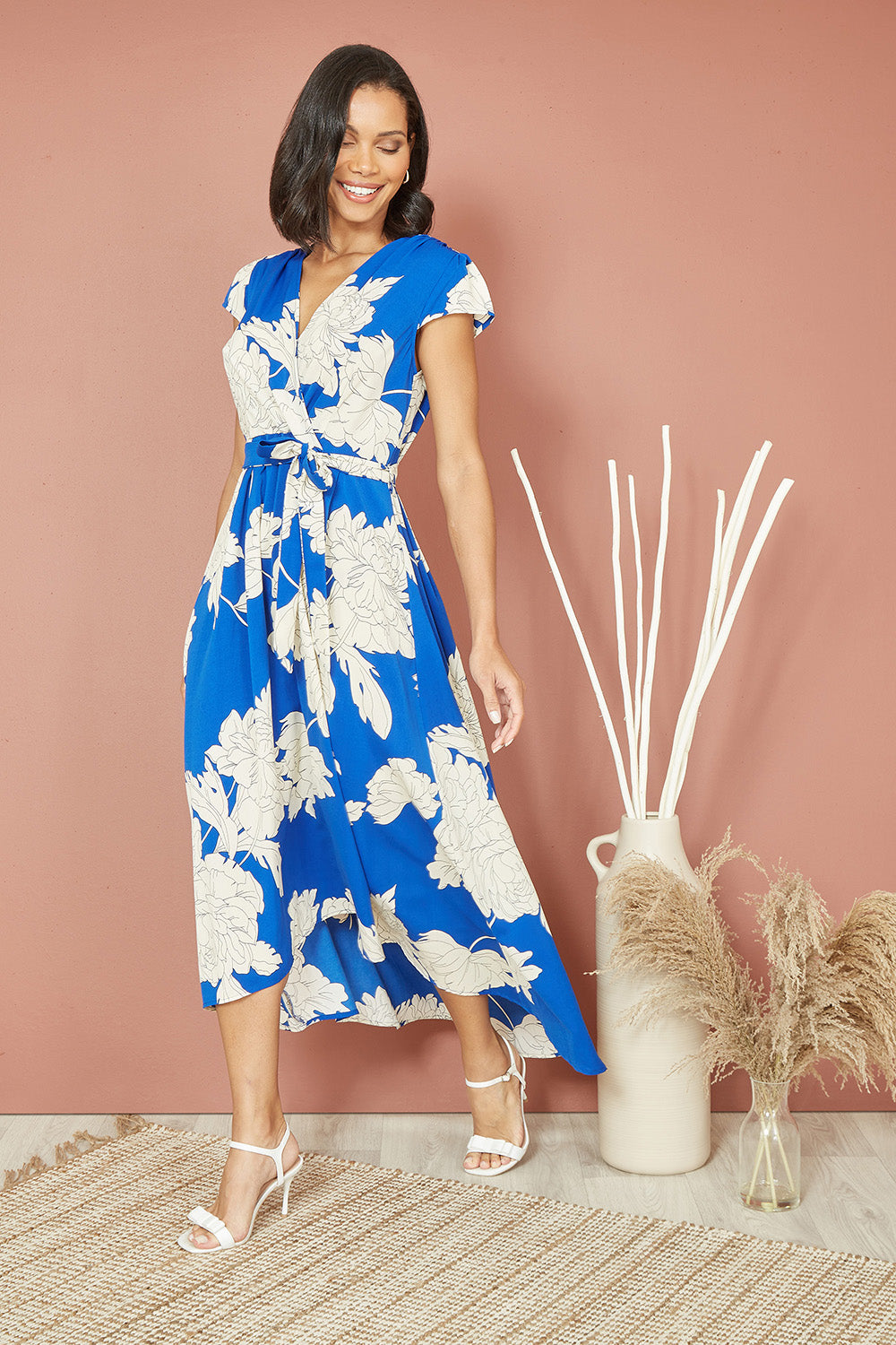 Mela Blue Blossom Print Wrap Midi With Dipped Hem Mela