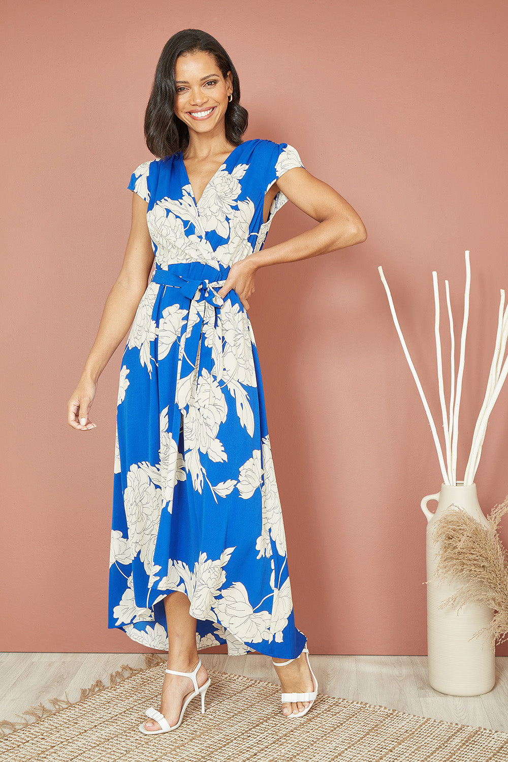 Mela Blue Blossom Print Wrap Midi With Dipped Hem Mela