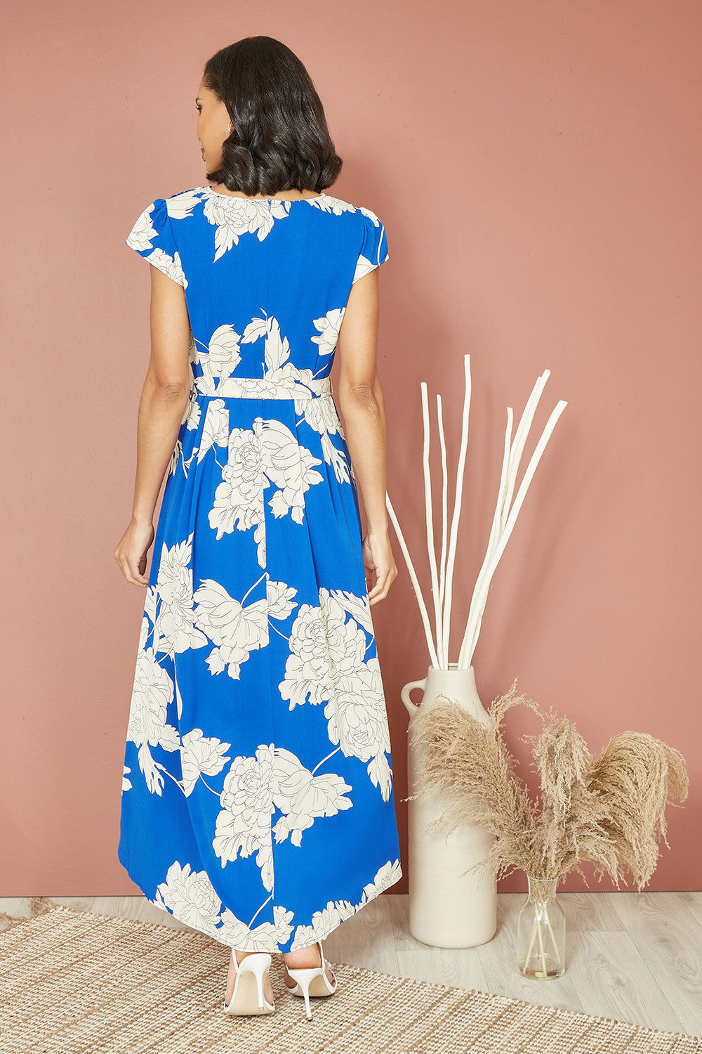 Mela Blue Blossom Print Wrap Midi With Dipped Hem Mela