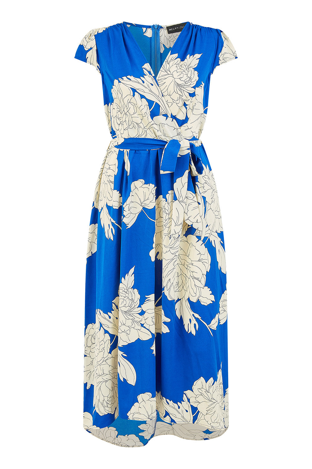 Mela Blue Blossom Print Wrap Midi With Dipped Hem Mela