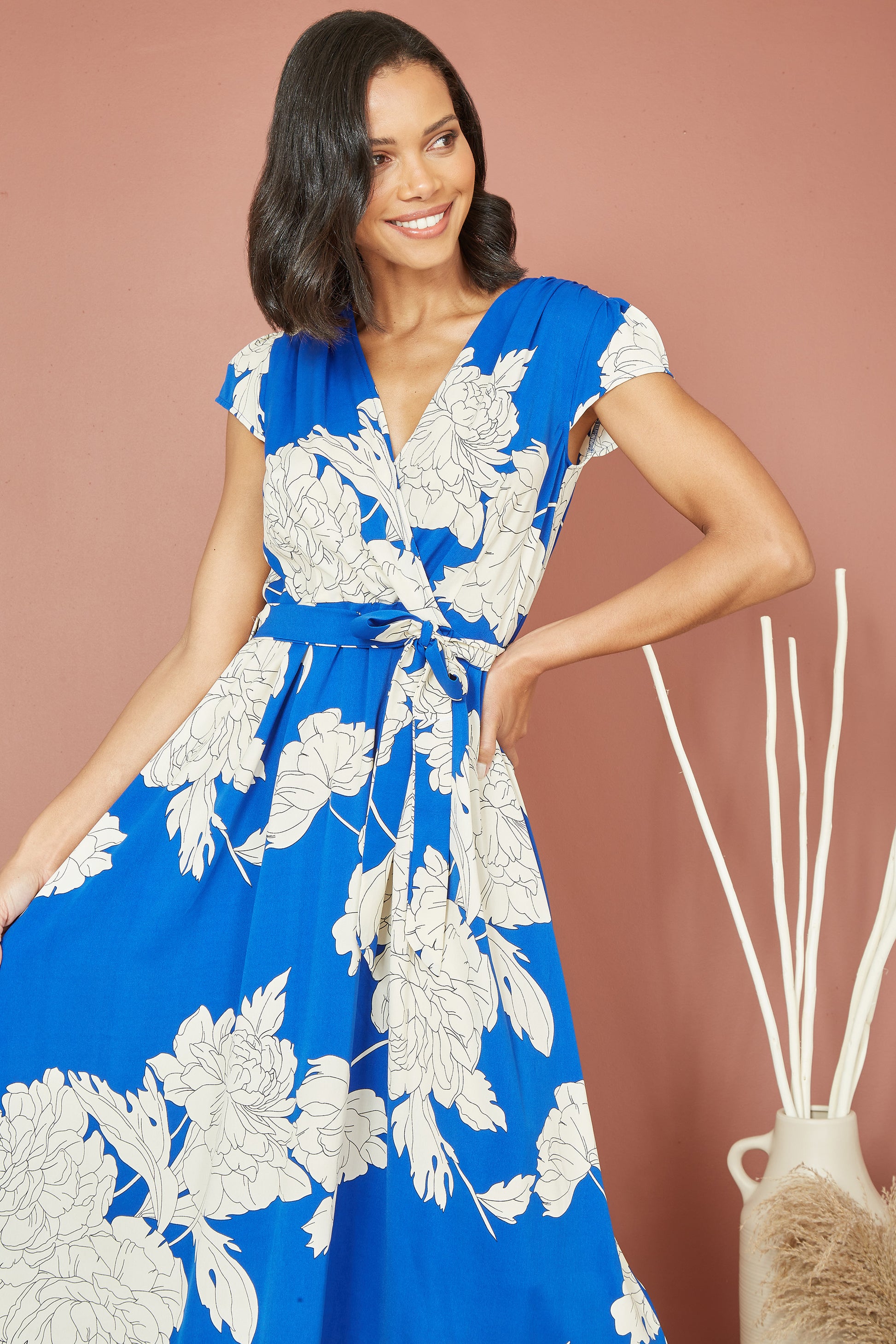 Yumi Blue Blossom Print Wrap Midi With Dipped Hem DRES Day Yumi