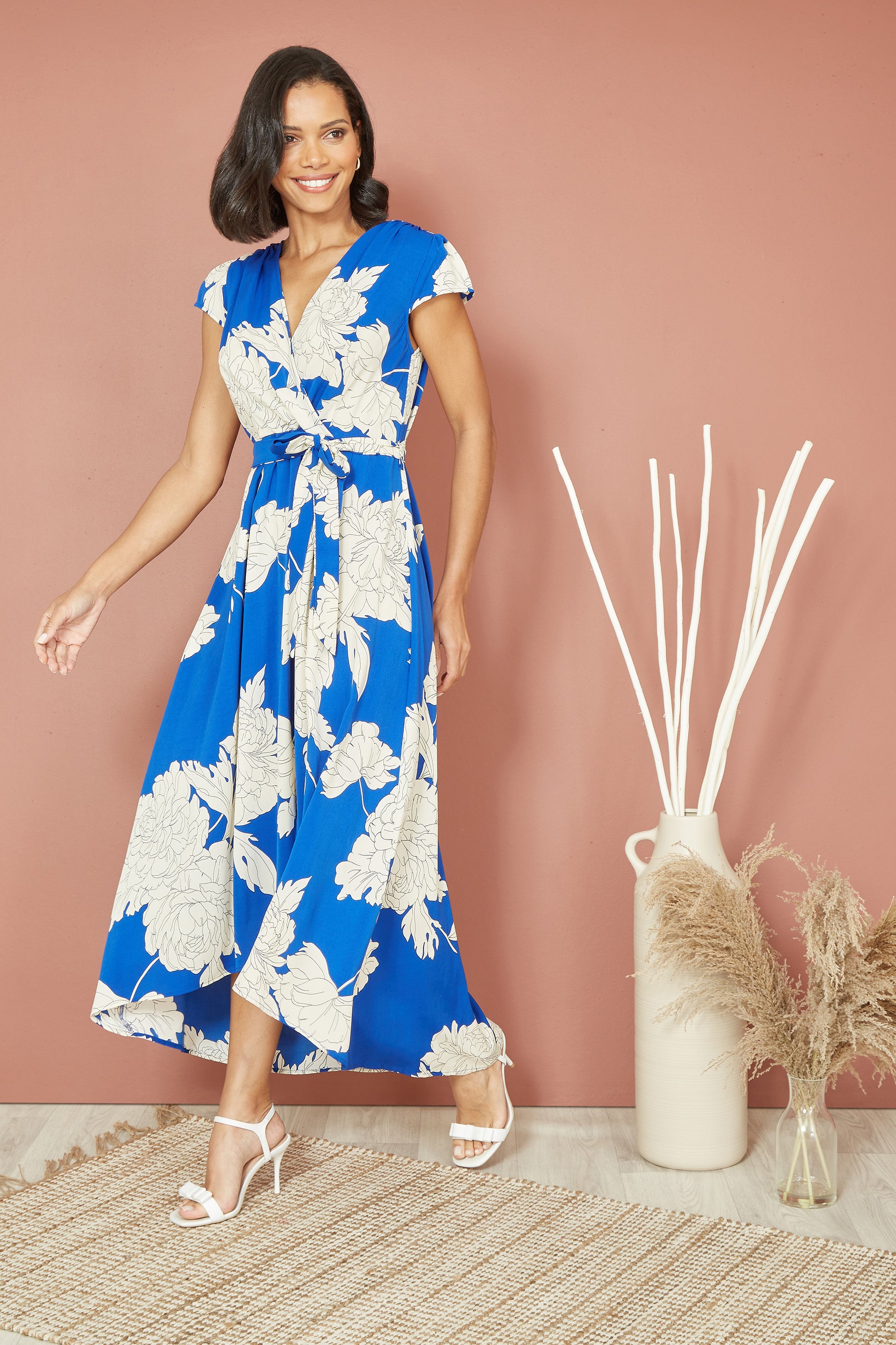 Yumi Blue Blossom Print Wrap Midi With Dipped Hem DRES Day Yumi