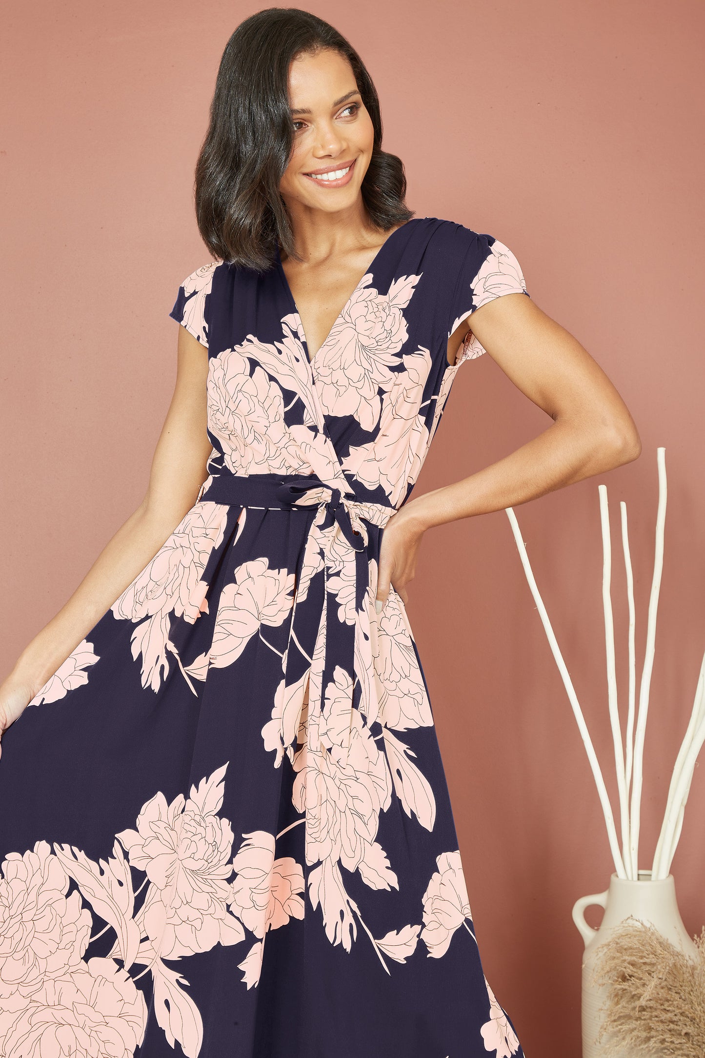 Yumi Navy Blossom Print Wrap Midi With Dipped Hem DRES Day Yumi