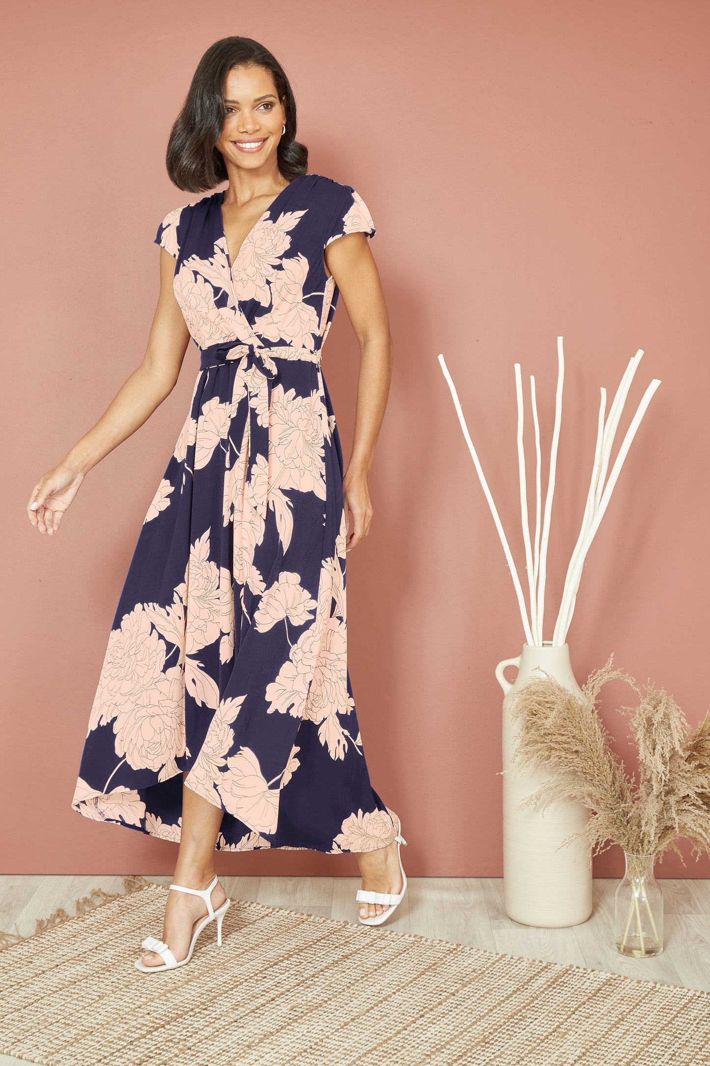 Yumi Navy Blossom Print Wrap Midi With Dipped Hem DRES Day Yumi