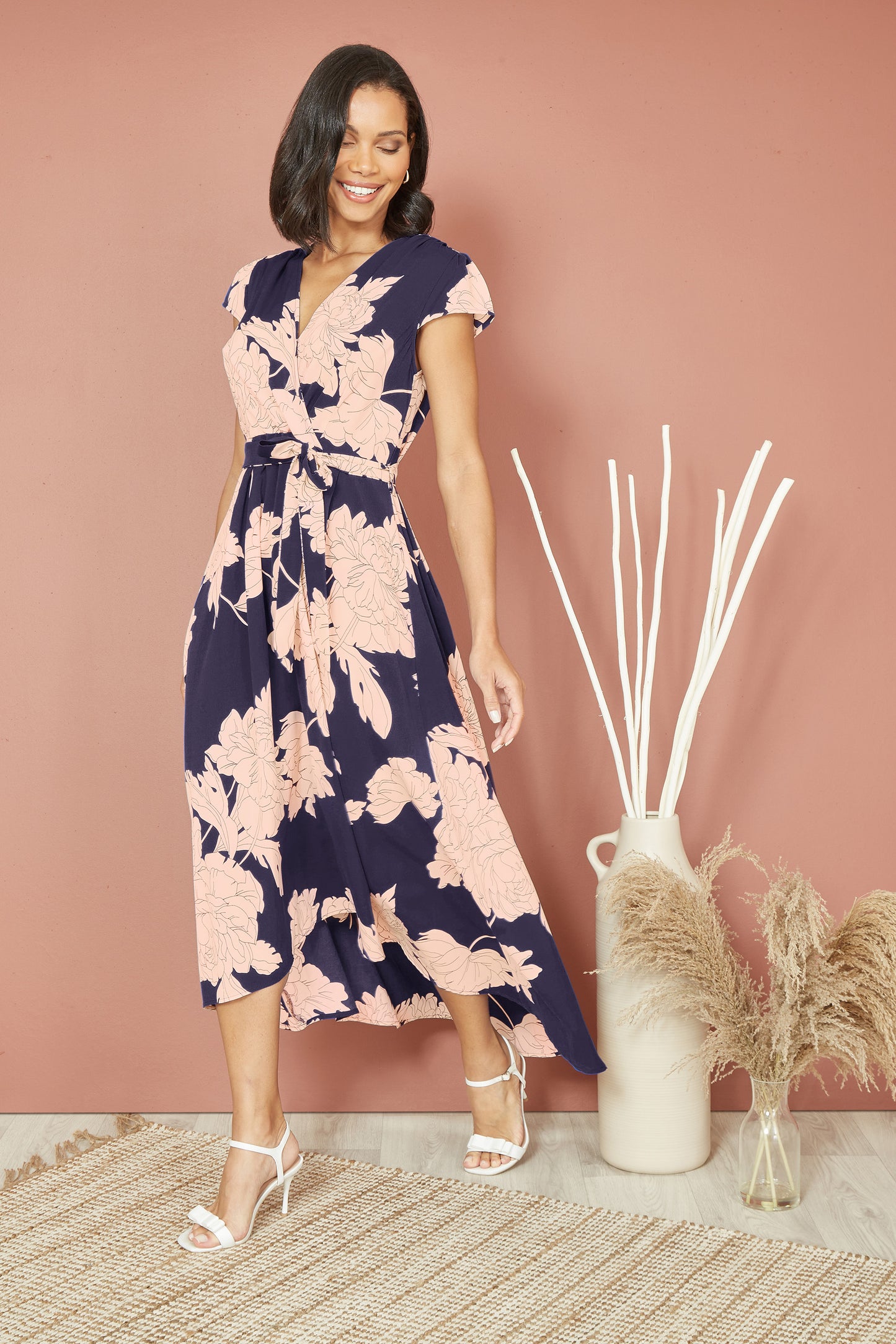 Yumi Navy Blossom Print Wrap Midi With Dipped Hem DRES Day Yumi