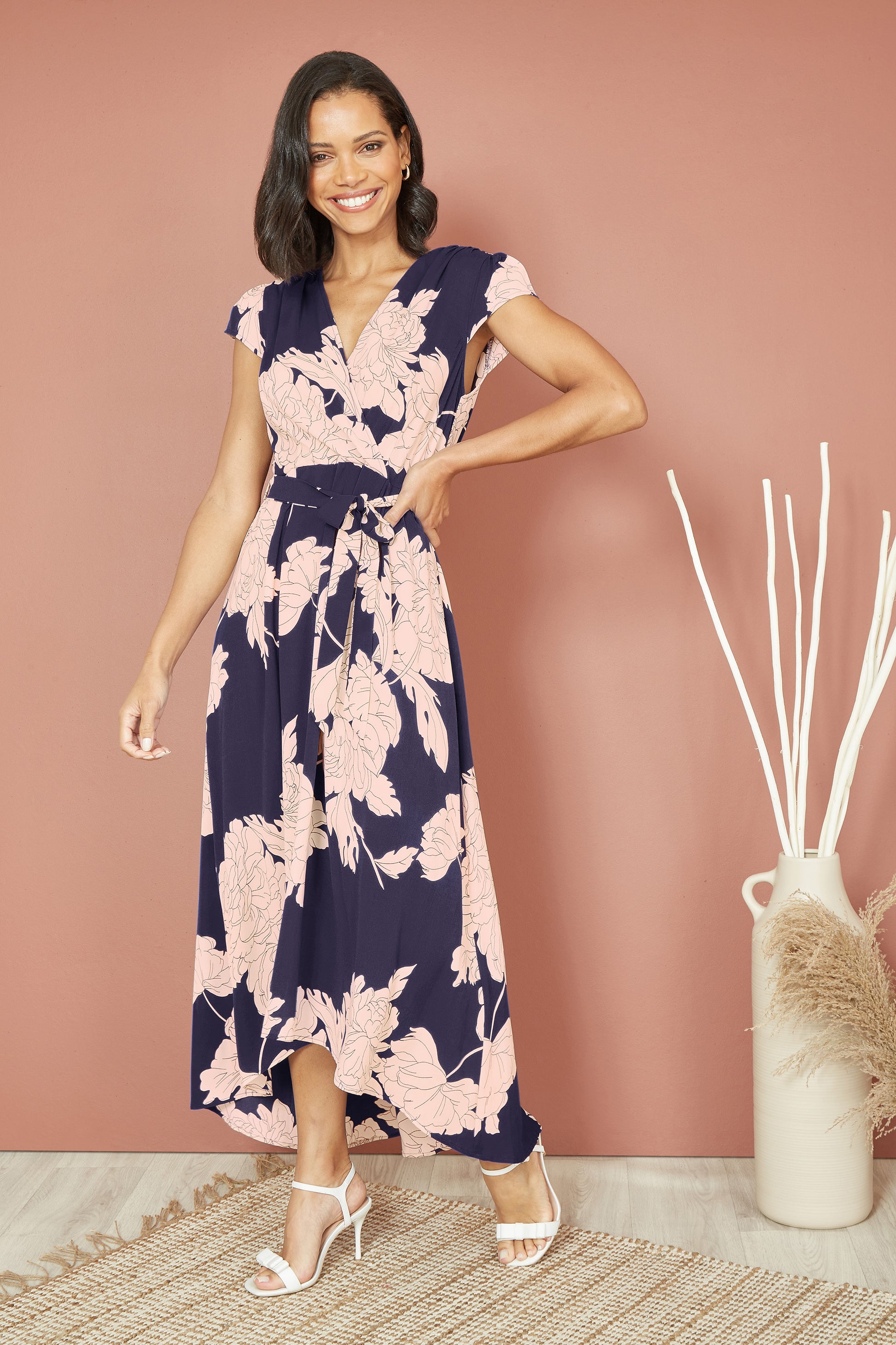 Yumi Navy Blossom Print Wrap Midi With Dipped Hem DRES Day Yumi