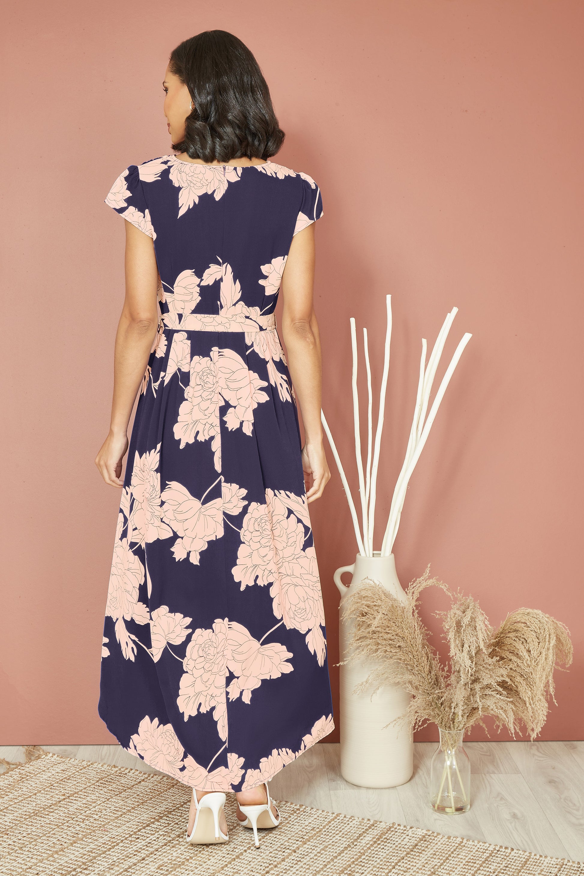 Yumi Navy Blossom Print Wrap Midi With Dipped Hem DRES Day Yumi