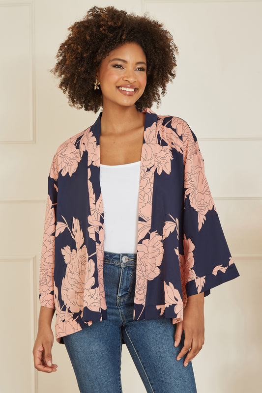 Kimono bleu marine à imprimé fleuri Yumi