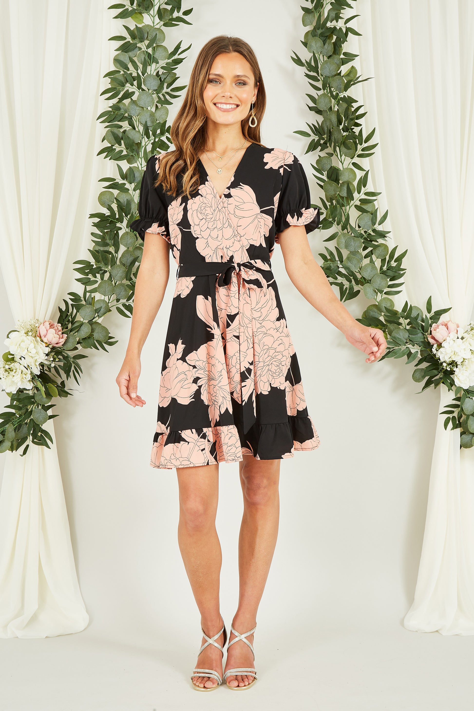 Mela Black Blossom Print Wrap Dress With Puff Sleeves Mela