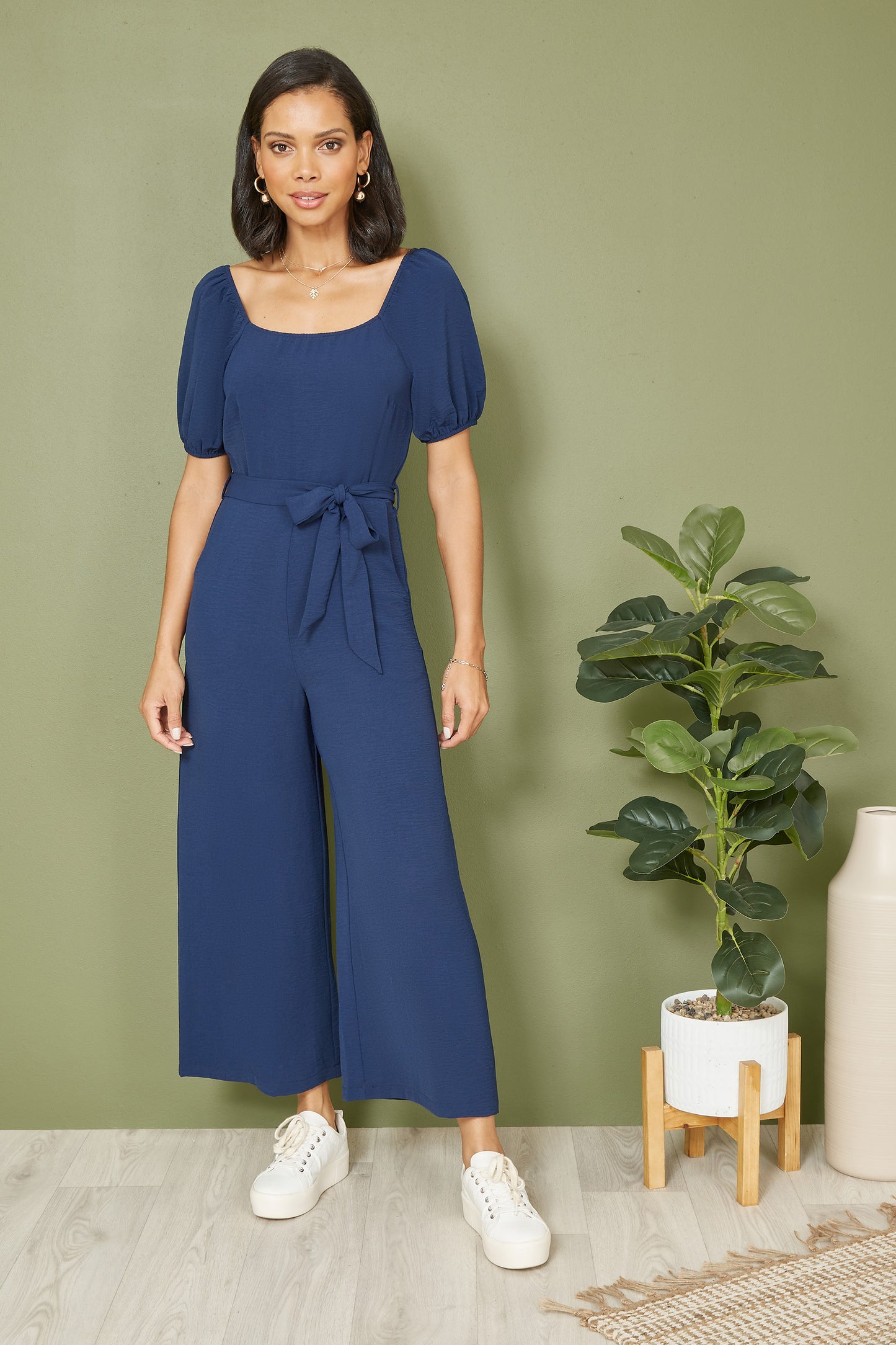 Yumi Navy Square Neck Puff Sleeve Culotte Jumpsuit JUMPSUIT Yumi