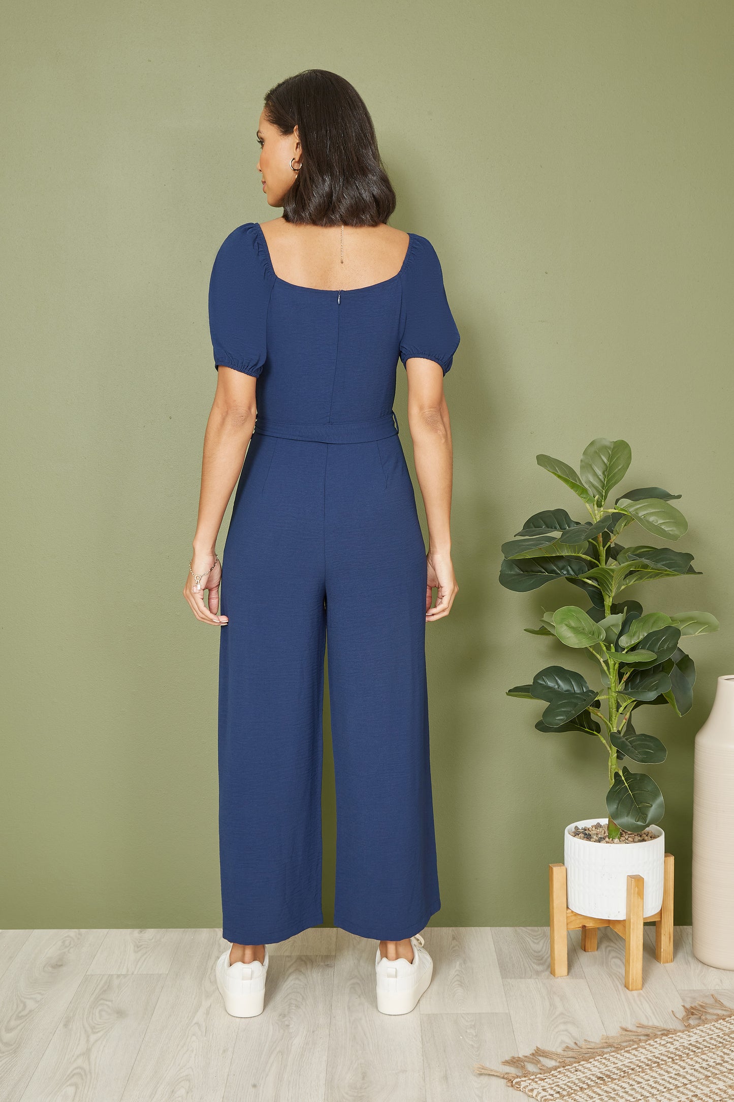 Yumi Navy Square Neck Puff Sleeve Culotte Jumpsuit JUMPSUIT Yumi