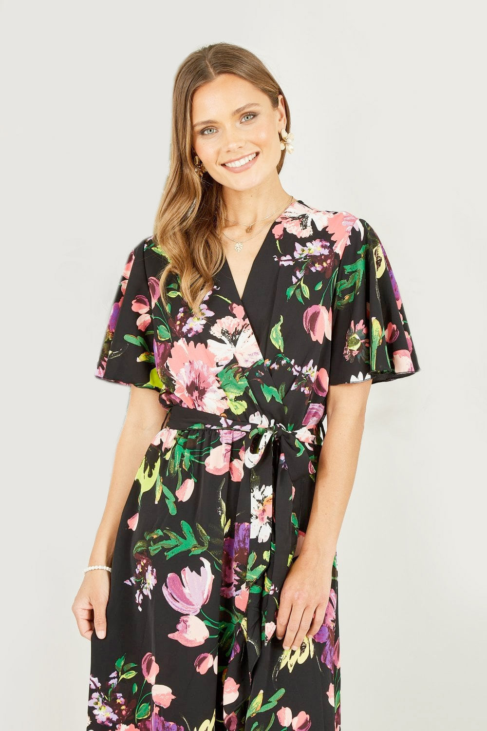 Mela Black Floral Wrap Midi Dress With Frills Mela