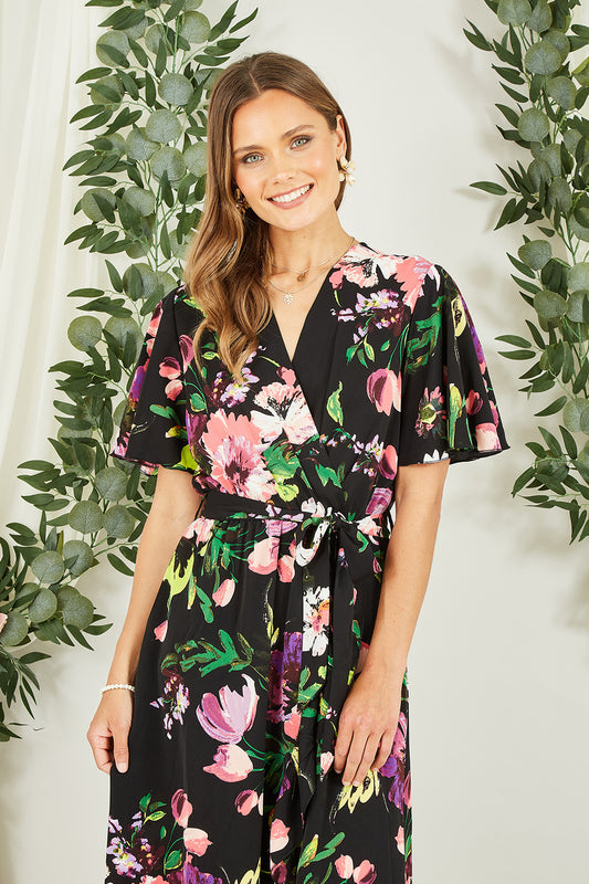 Mela Black Floral Wrap Midi Dress With Frills Mela