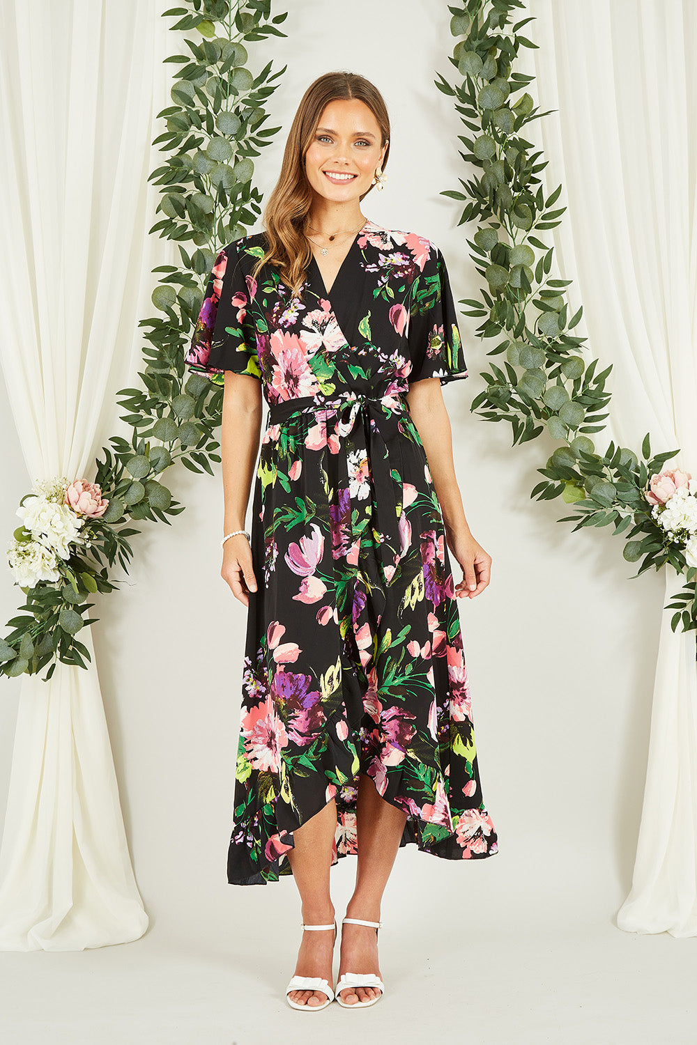 Mela Black Floral Wrap Midi Dress With Frills Mela