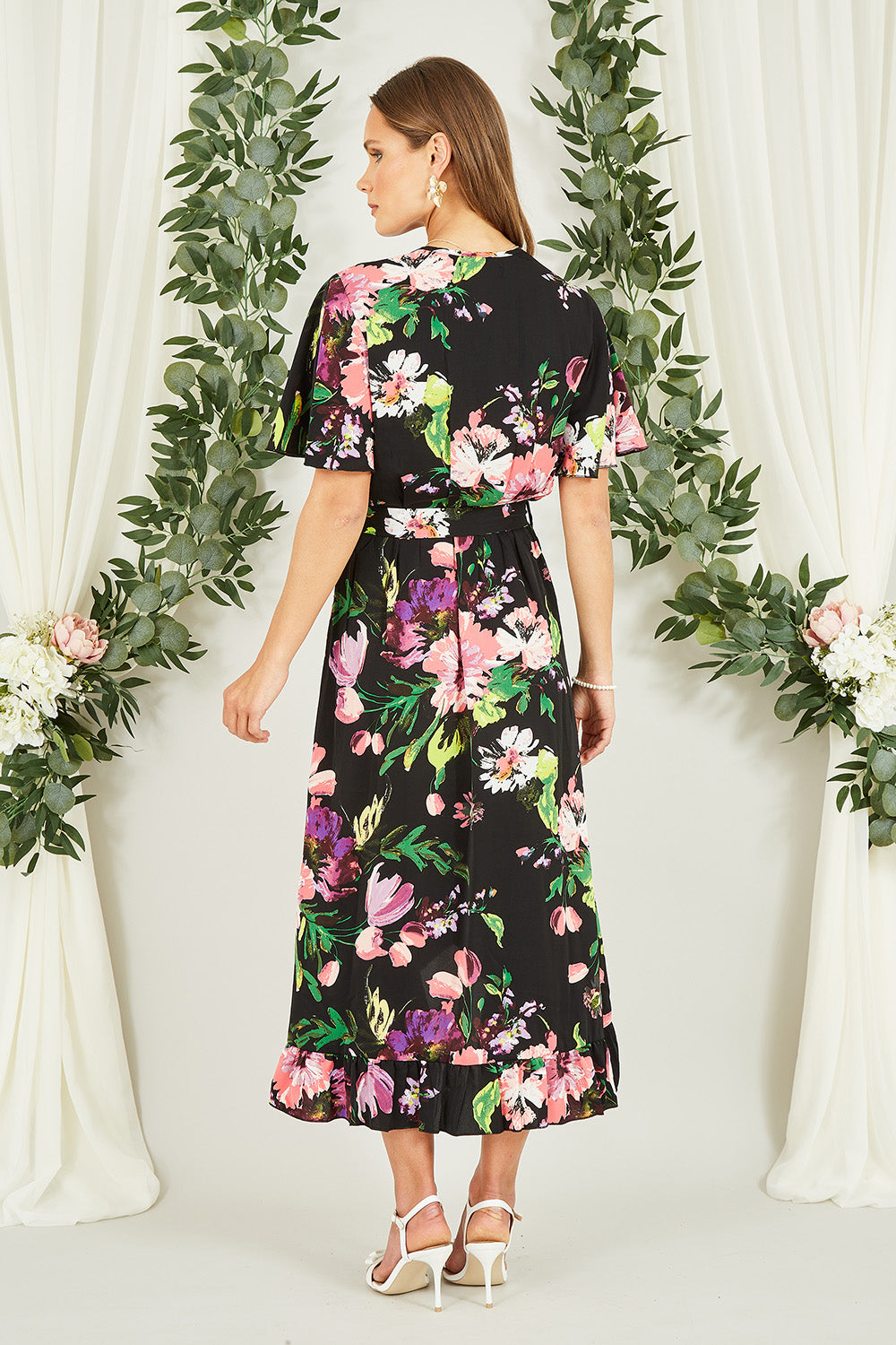 Mela Black Floral Wrap Midi Dress With Frills Mela