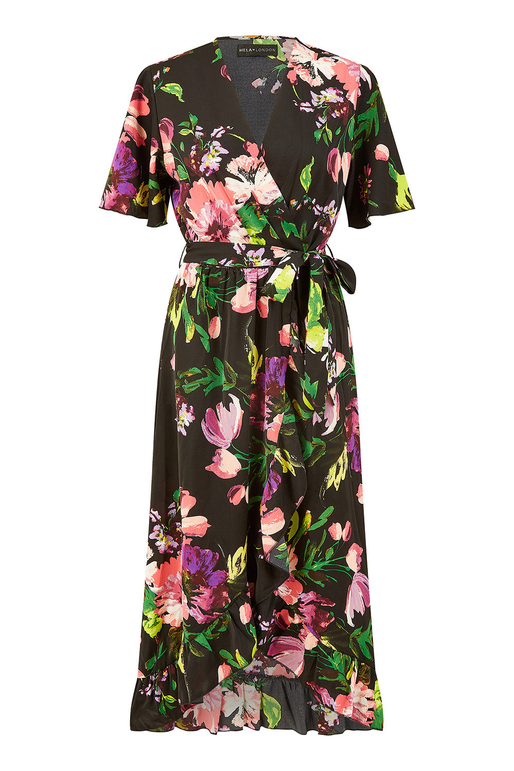 Mela Black Floral Wrap Midi Dress With Frills Mela