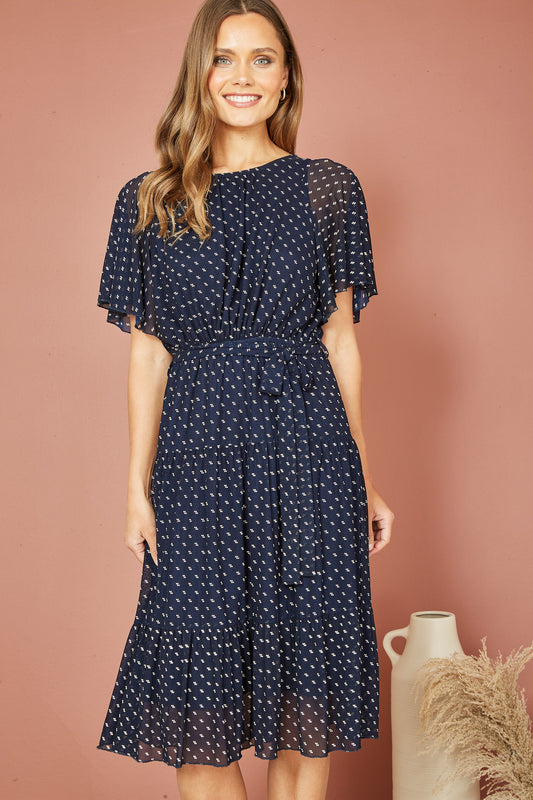 Yumi Navy Dot Print Mesh Stretch Midi Skater Dress DRES Day Yumi