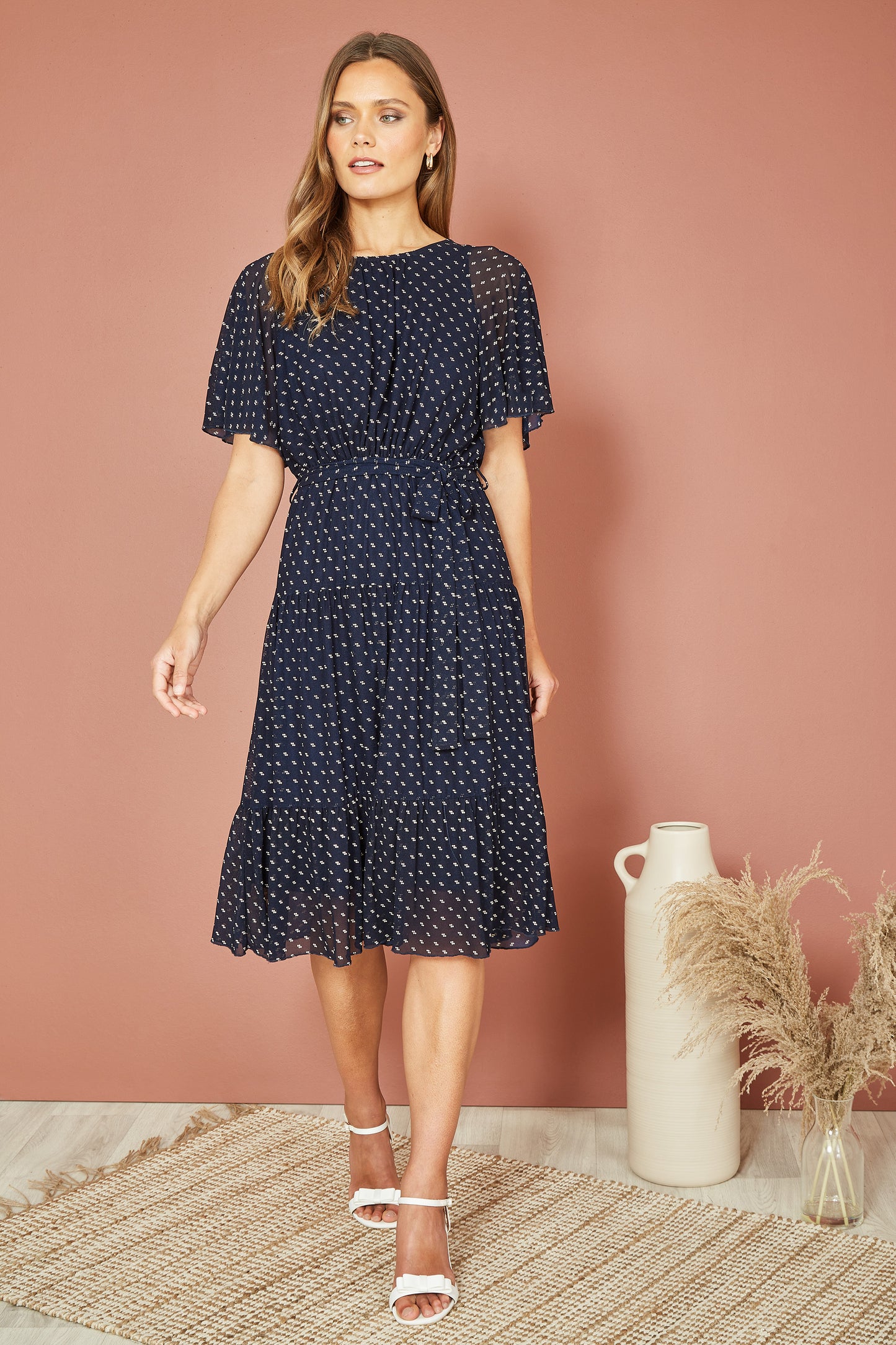 Yumi Navy Dot Print Mesh Stretch Midi Skater Dress DRES Day Yumi