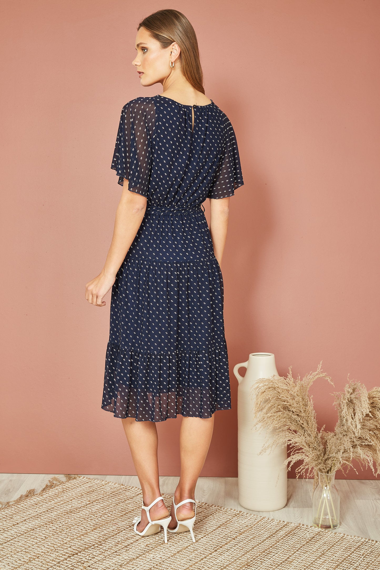 Yumi Navy Dot Print Mesh Stretch Midi Skater Dress DRES Day Yumi