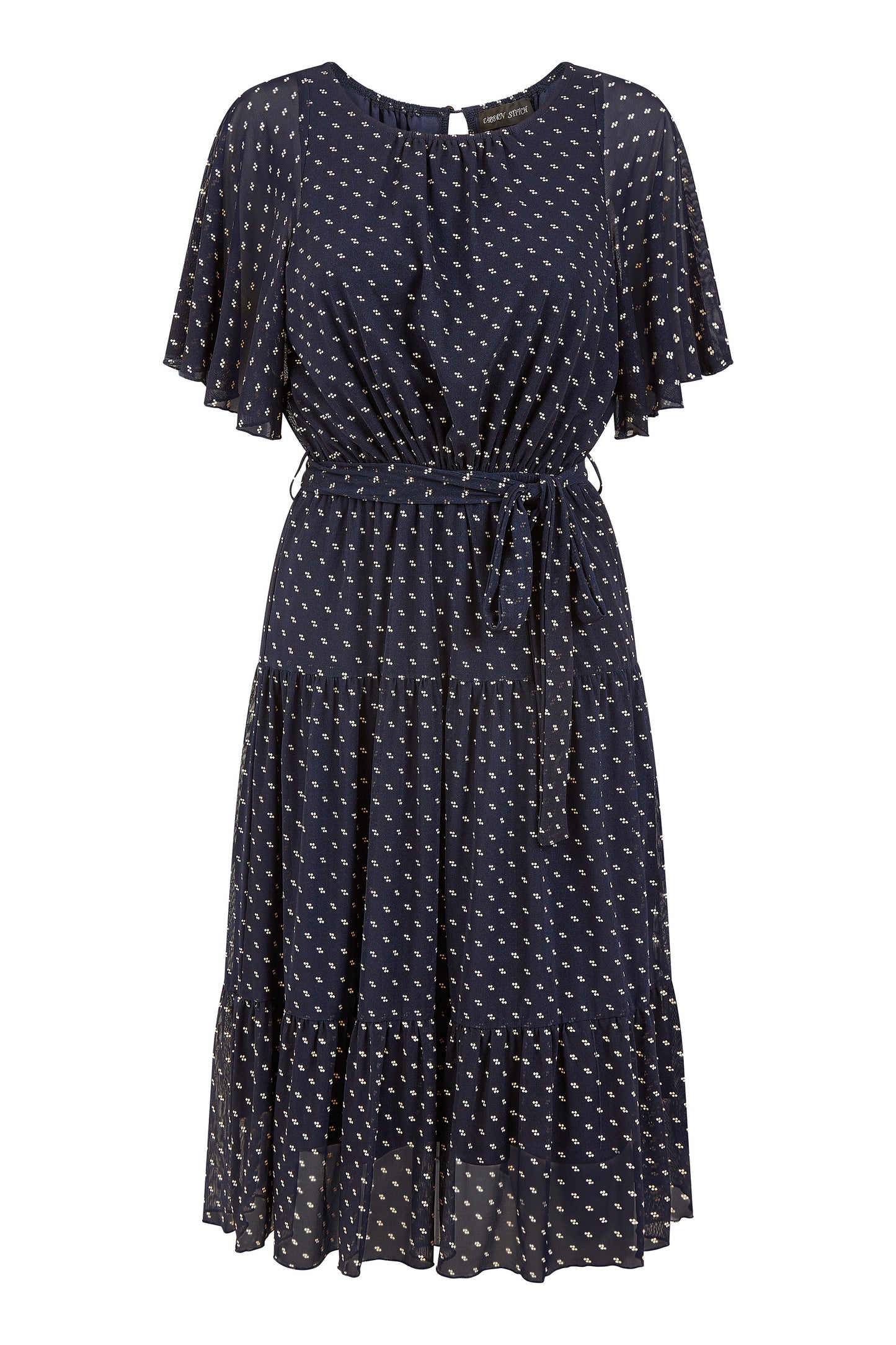 Yumi Navy Dot Print Mesh Stretch Midi Skater Dress DRES Day Yumi