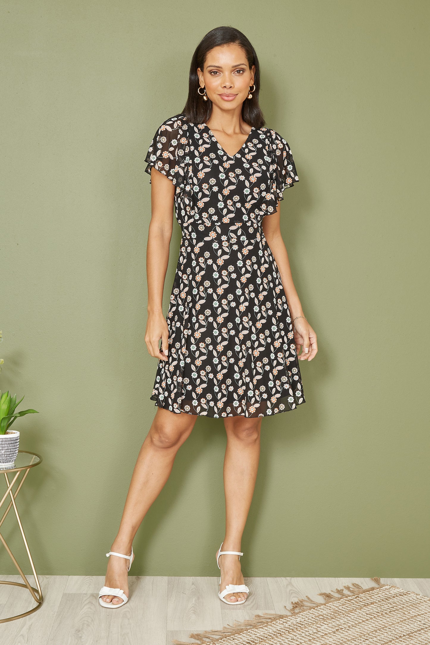 Yumi Black Leaf Print Mesh Stretch Skater Dress DRES Day Yumi