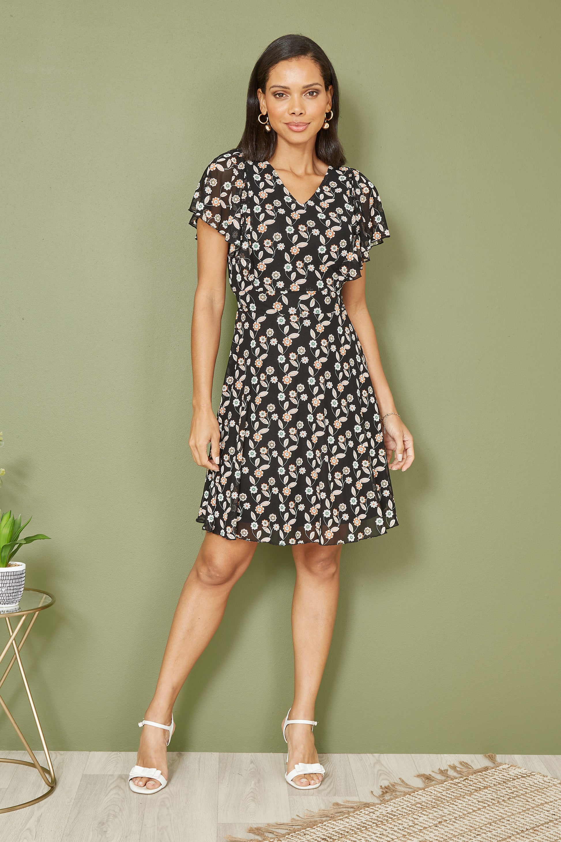 Yumi Black Leaf Print Mesh Stretch Skater Dress DRES Day Yumi