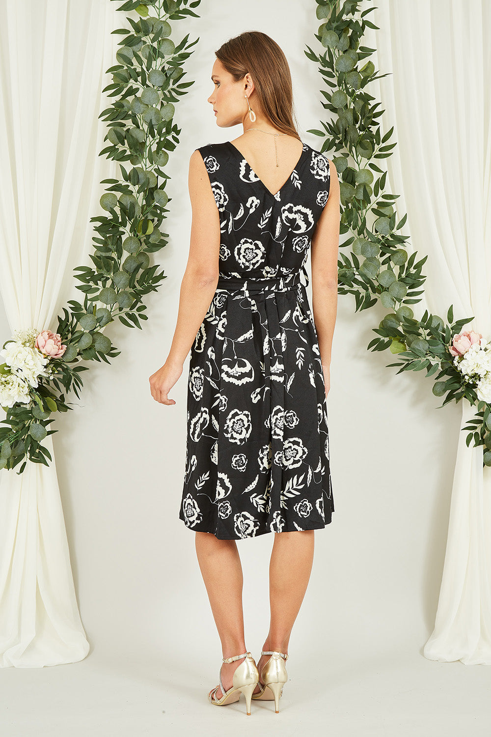 Mela Black Satin Floral Wrap Skater Midi Dress Mela