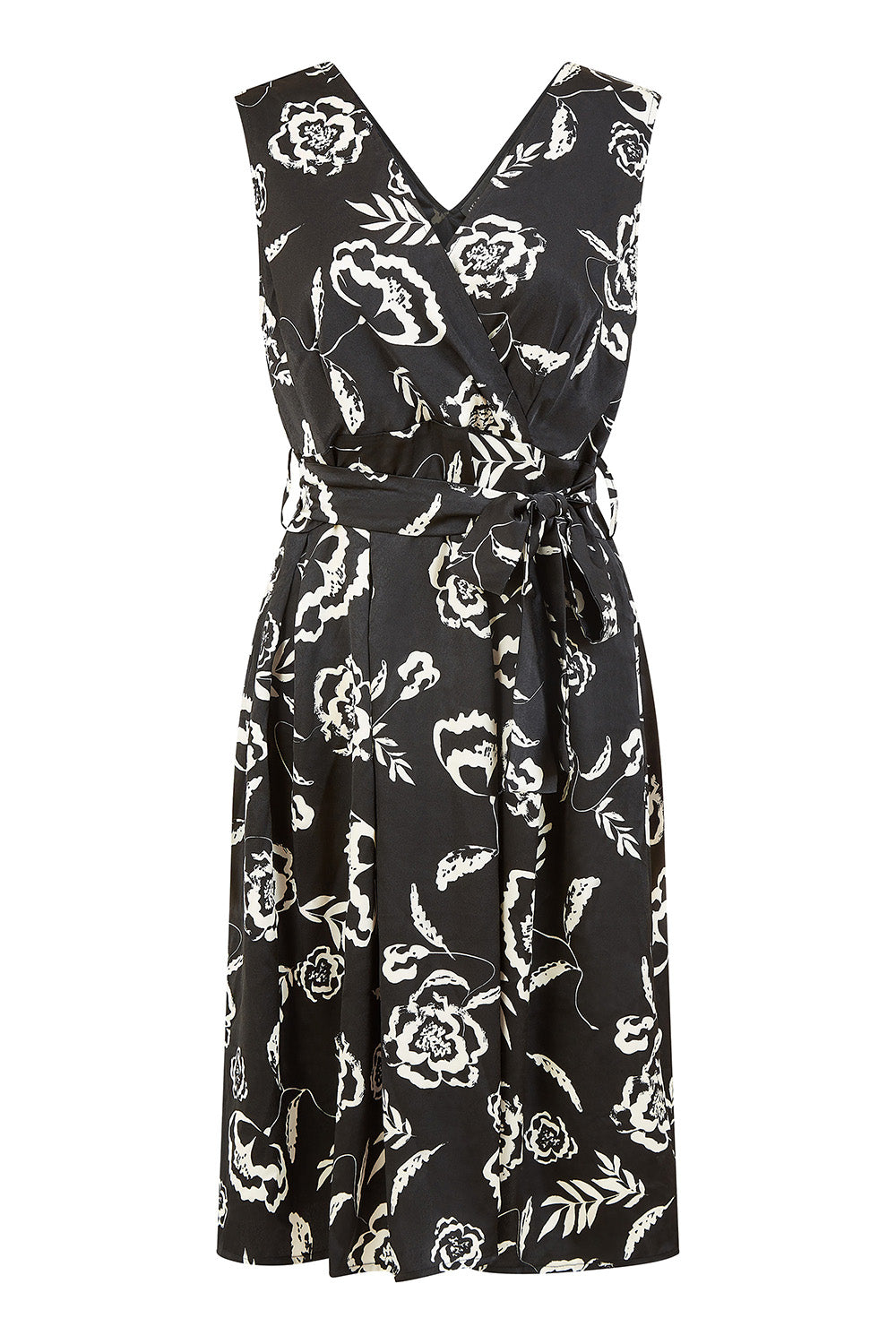 Mela Black Satin Floral Wrap Skater Midi Dress Mela