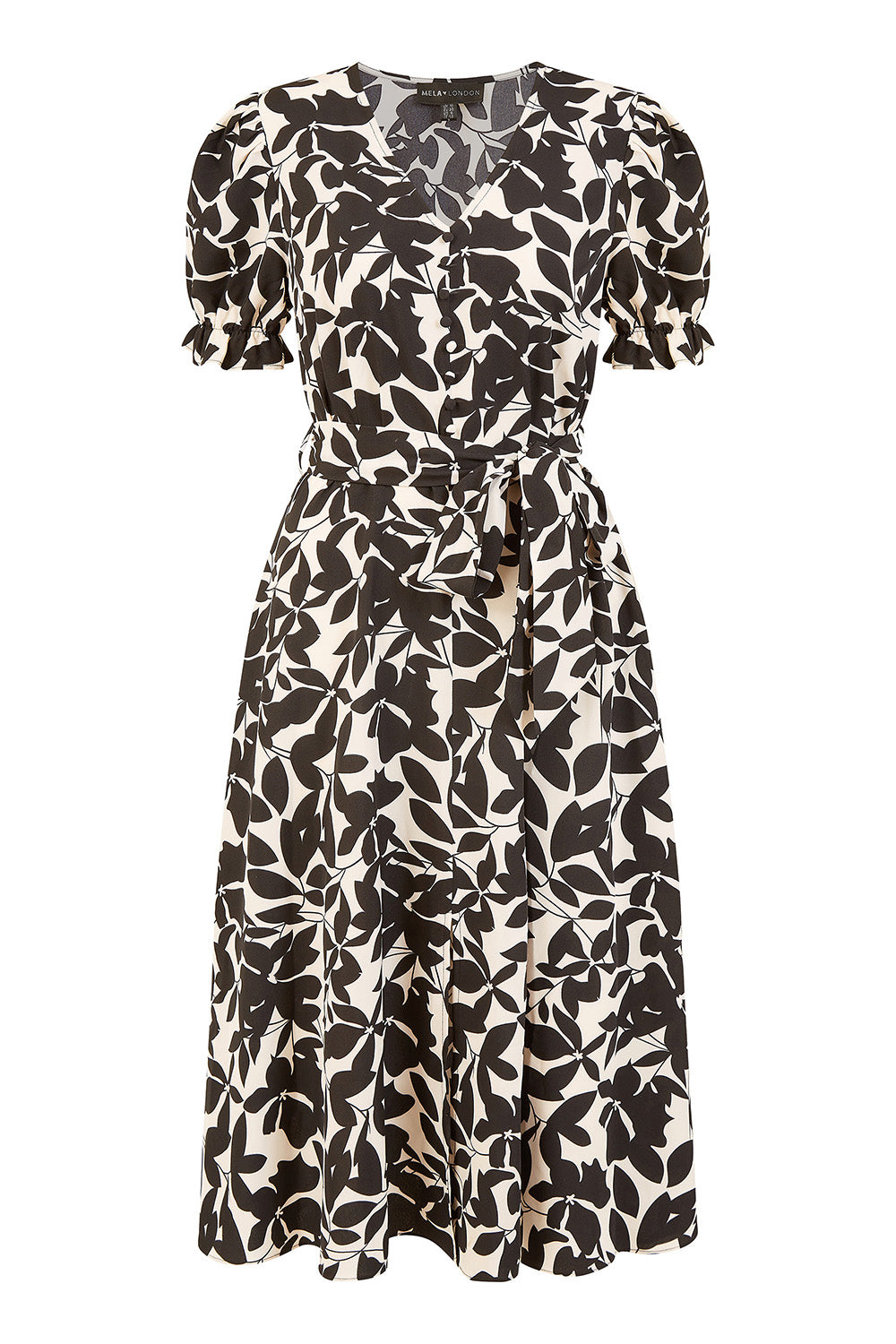 Mela Black And White Leaf Print Midi Tea Dress Mela