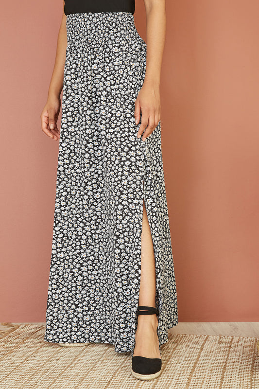 Mela Black Daisy Print Ruched Waist Maxi Skirt With Split Hem Mela