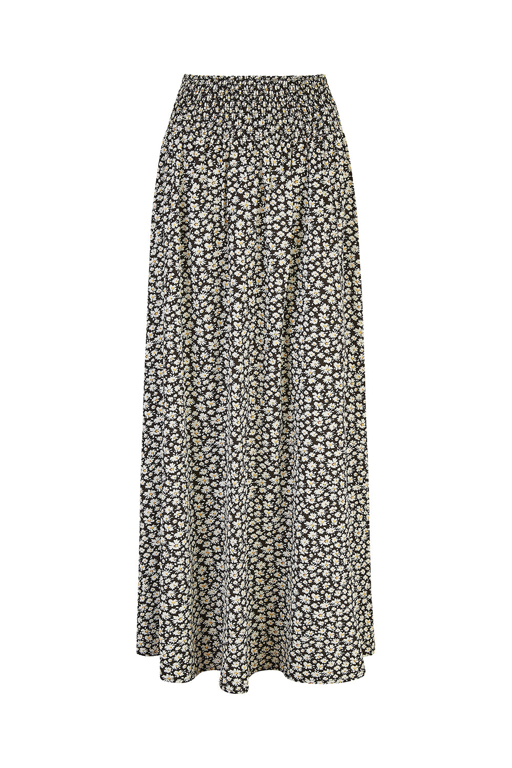 Mela Black Daisy Print Ruched Waist Maxi Skirt With Split Hem Mela