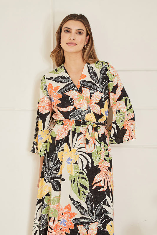 Mela Black Tropical Print Wrap Midi Dress Mela