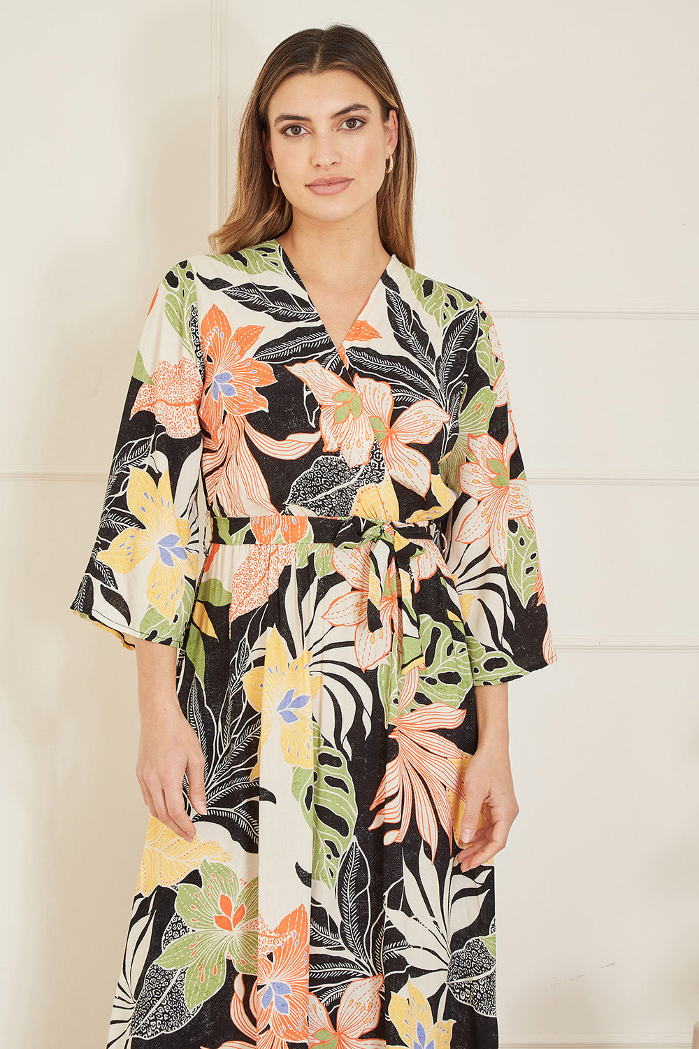 Mela Black Tropical Print Wrap Midi Dress Mela